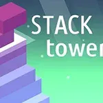 Stos geometrycznych bloków w odcieniach fioletu i niebieskiego na zielonym tle z napisem STACK tower