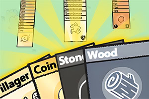 Kolorowe karty z napisami Villager, Coin, Stone i Wood oraz tabelki z przedmiotami i wartościami na jasnozielonym tle