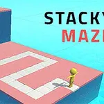 Żółta postać stoi na różowej platformie z białą, zygzakowatą ścieżką, na tle niebieskiego otoczenia z napisem STACKY MAZE