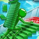 Zielona postać z klockami wspinająca się po kolorowych schodach w dynamicznej scenerii