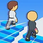 Dwóch animowanych bohaterów idzie po schodach z niebieskich kafelków na tle jasnego nieba