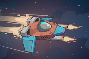 Statek kosmiczny w stylu kreskówkowym lecący przez przestrzeń kosmiczną z płomieniami wydobywającymi się z silników