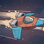 Statek kosmiczny w stylu kreskówkowym lecący przez przestrzeń kosmiczną z płomieniami wydobywającymi się z silników