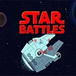 Statek kosmiczny lecący w przestrzeni kosmicznej z czerwonym napisem Star Battles na tle gwiazd i dwóch planet
