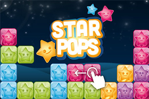 Kolorowe uśmiechnięte gwiazdki w różnych barwach ułożone w rzędy, na tle nocnego nieba z gwiazdami i logo Star Pops