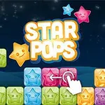 Kolorowe uśmiechnięte gwiazdki w różnych barwach ułożone w rzędy, na tle nocnego nieba z gwiazdami i logo Star Pops