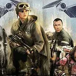 Grupa postaci w futurystycznych strojach i uzbrojeniu, z droidem po lewej stronie i dwoma statkami kosmicznymi TIE w tle