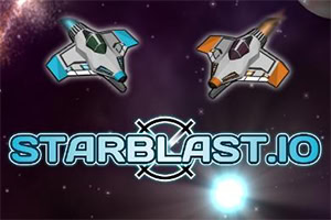 Dwa futurystyczne statki kosmiczne na tle gwiaździstego nieba z logotypem Starblast