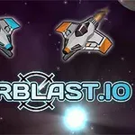Dwa futurystyczne statki kosmiczne na tle gwiaździstego nieba z logotypem Starblast