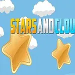 Niebieskie tło z białymi chmurami i trzema złotymi gwiazdami oraz kolorowym napisem Stars and Clouds