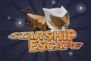 Grafika przedstawia stylizowane logo z napisem Starship Escape oraz kosmiczną postać w przestrzeni kosmicznej z gwiazdami w tle
