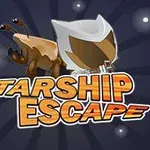 Grafika przedstawia stylizowane logo z napisem Starship Escape oraz kosmiczną postać w przestrzeni kosmicznej z gwiazdami w tle