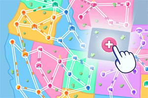 Kolorowa mapa z połączonymi liniami i ikoną dłoni wskazującą na przycisk z symbolem plusa