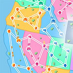 Kolorowa mapa z połączonymi liniami i ikoną dłoni wskazującą na przycisk z symbolem plusa