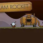 Postać w kosmicznym skafandrze przed parową rakietą na tle półki z napisem STEAM ROCKET