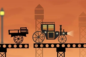 Silhouette pojazdu parowego na moście z pomarańczowym zachodzącym słońcem w tle