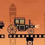 Silhouette pojazdu parowego na moście z pomarańczowym zachodzącym słońcem w tle