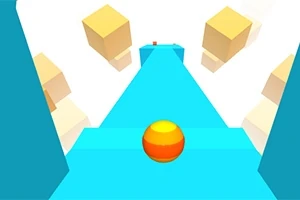 Pomarańczowa kula na niebieskiej ścieżce otoczonej lewitującymi beżowymi sześcianami na białym tle