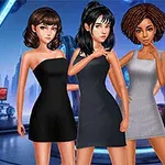 Cztery postacie kobiece o różnych fryzurach i strojach wieczorowych stoją na futurystycznym tle z neonowymi światłami