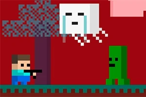 Pikselowa grafika przedstawia postać z bronią, zielonego stwora i latający biały blok na czerwonym tle z drzewem