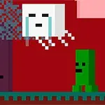 Pikselowa grafika przedstawia postać z bronią, zielonego stwora i latający biały blok na czerwonym tle z drzewem