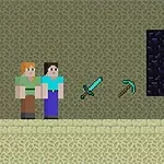 Dwie pikselowe postacie w stylu retro stoją obok fioletowego portalu, obok miecz i kilof