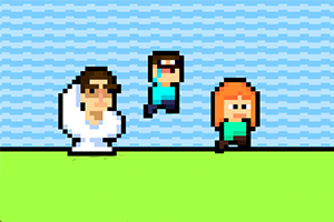 Trzy postacie w stylu pixel art na zielonym tle z niebieskim falującym wzorem w tle