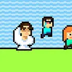 Trzy postacie w stylu pixel art na zielonym tle z niebieskim falującym wzorem w tle