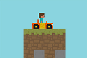 Postać w pikselowej grafice jadąca pomarańczowym pojazdem po bloczkowej platformie na tle nieba