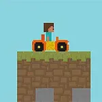 Postać w pikselowej grafice jadąca pomarańczowym pojazdem po bloczkowej platformie na tle nieba