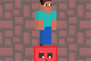 Pixelowa postać w niebieskiej koszuli i jeansach stoi na czerwonym kwadratowym stworku z oczami na tle brązowych bloków