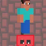 Pixelowa postać w niebieskiej koszuli i jeansach stoi na czerwonym kwadratowym stworku z oczami na tle brązowych bloków