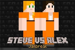 Dwie postacie w pikselowej grafice w pomarańczowych kombinezonach więziennych na ciemnym tle z napisem Steve vs Alex Jailbreak