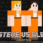 Dwie postacie w pikselowej grafice w pomarańczowych kombinezonach więziennych na ciemnym tle z napisem Steve vs Alex Jailbreak