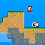 Pikselowa gra z dwiema postaciami na tle z platformami z trawy i ziemi na niebieskim tle