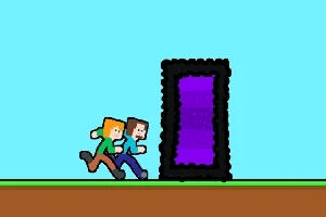 Dwie postacie biegnące w stronę prostokątnego, fioletowego portalu z czarną obwódką na tle jasnoniebieskiego nieba