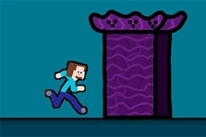 Postać w niebieskim ubraniu biegnie w stronę fioletowej konstrukcji z falistymi wzorami na niebieskim tle