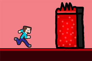 Postać o kwadratowej głowie biegnie w stronę czerwonego prostokątnego obiektu z ostrymi zębami na różowym tle