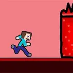 Postać o kwadratowej głowie biegnie w stronę czerwonego prostokątnego obiektu z ostrymi zębami na różowym tle