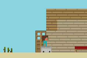 Postać z pikselowej grafiki stojąca przed drewnianym domem z otwartymi drzwiami, obok kaktusów na pustynnym tle