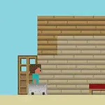 Postać z pikselowej grafiki stojąca przed drewnianym domem z otwartymi drzwiami, obok kaktusów na pustynnym tle