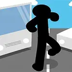 Czarna postać stylizowana na stickmana przechodzi przez ulicę pomiędzy dwoma białymi samochodami na tle nieba z chmurami