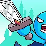 Niebieska postać z koroną trzymająca miecz na tle sylwetki zamku