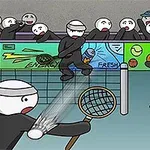 Dwie kreskówkowe postacie grają w tenisa przed trybuną pełną kibiców, z sędzią siedzącym na podwyższeniu