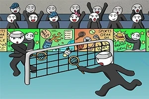 Dwóch rysunkowych zawodników gra w badmintona przed trybunami z podekscytowaną publicznością i kolorowymi reklamami w tle