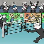 Dwóch rysunkowych zawodników gra w badmintona przed trybunami z podekscytowaną publicznością i kolorowymi reklamami w tle