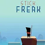 Minimalistyczna grafika przedstawiająca postać stojącą na platformie z kijem w dłoni na tle górskiego krajobrazu, z napisem Stick Freak u góry