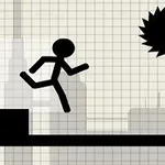 Czarna postać stickman skacze nad przeszkodą z wirującą piłą i znakiem ostrzegawczym na tle kratkowanego papieru