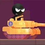 Czarna postać z kreskówki z groźnym wyrazem twarzy prowadzi pomarańczowy czołg na fioletowym tle