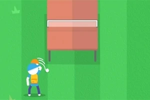 Postać w czapce rzuca piłkę do stołu z prostokątnym blatem na zielonym tle